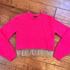 House of Harlow 1960 Hot Pink Sweater Rhinestone Fringe Size XS